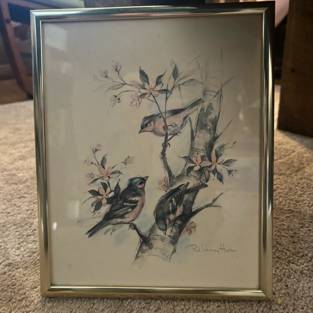 Paul Whitney Hunter pencil drawing 3 birds gold framed